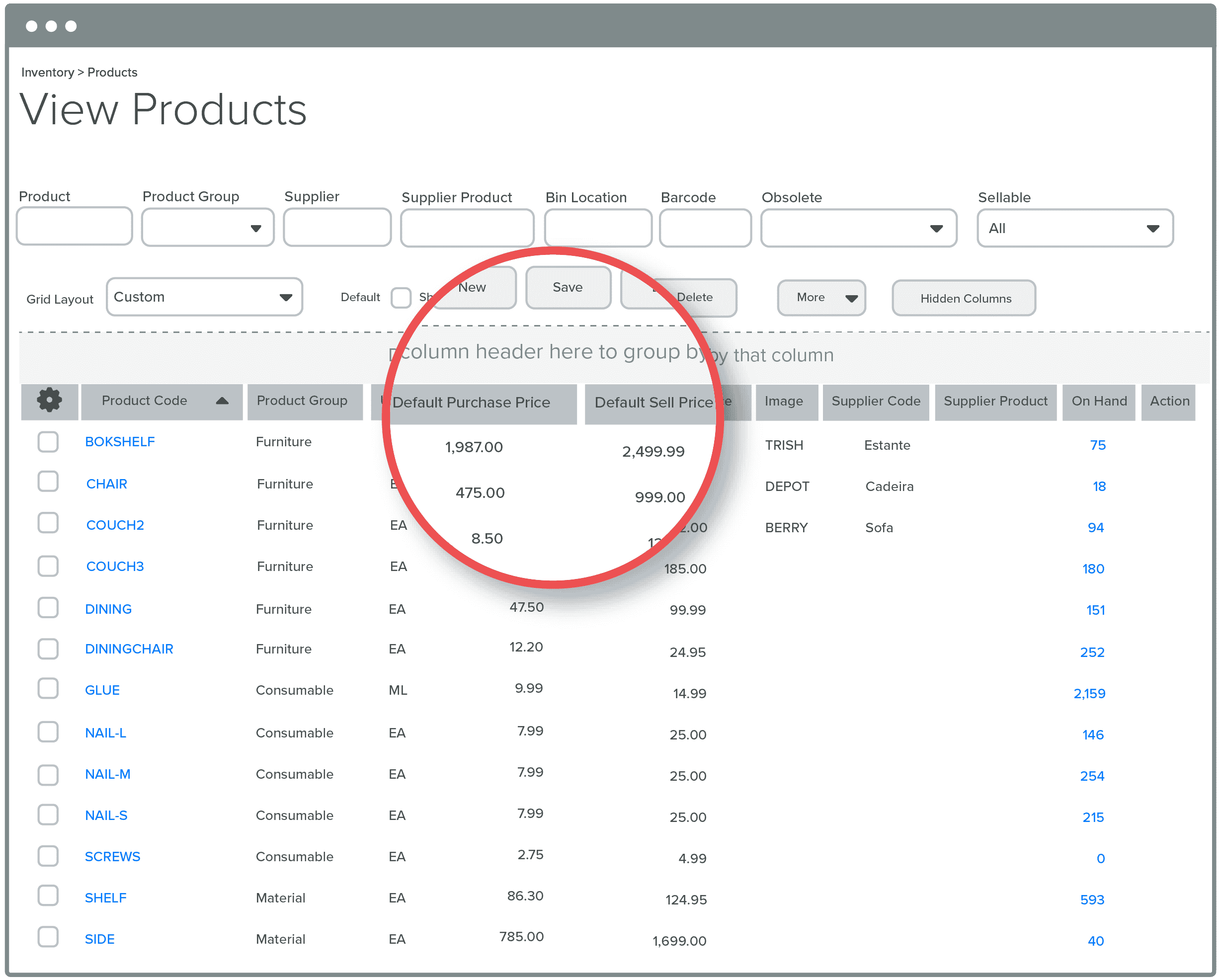 Inventory Display Default Sell and Purchase Prices